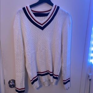 Classic White Sweater with Red and Blue Accents